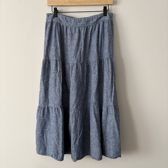 Matty M Dresses & Skirts - Linen Blend Tiered Chambray Midi Skirt Blue Size M Coastal Cowgirl Western Boho